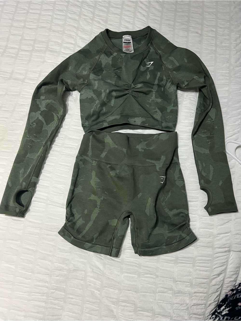 Gymshark Green Camo Seamless Crop Top & Shorts Set Size Small